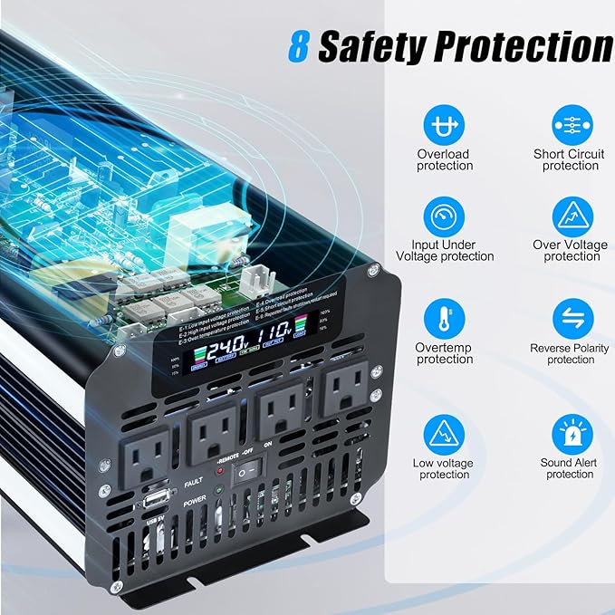 LVYUAN 3000 Watt Power Inverter 24V to 110V 120V DC to AC with 4 AC Outlets, LCD Display, USB Port & Remote Control for Home, RV, Vehicle, Truck, Off-Grid Solar System, Heavy Duty Outdoor Camping