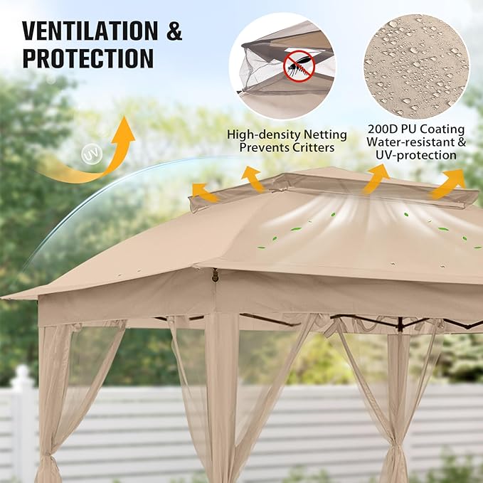 COOS BAY Pop up Gazebo 11x11, Instant Canopy Tent with Mesh Netting, Patio Gazebo with 121 Square Feet of Shade, 4 Weight Bags Included, Khaki
