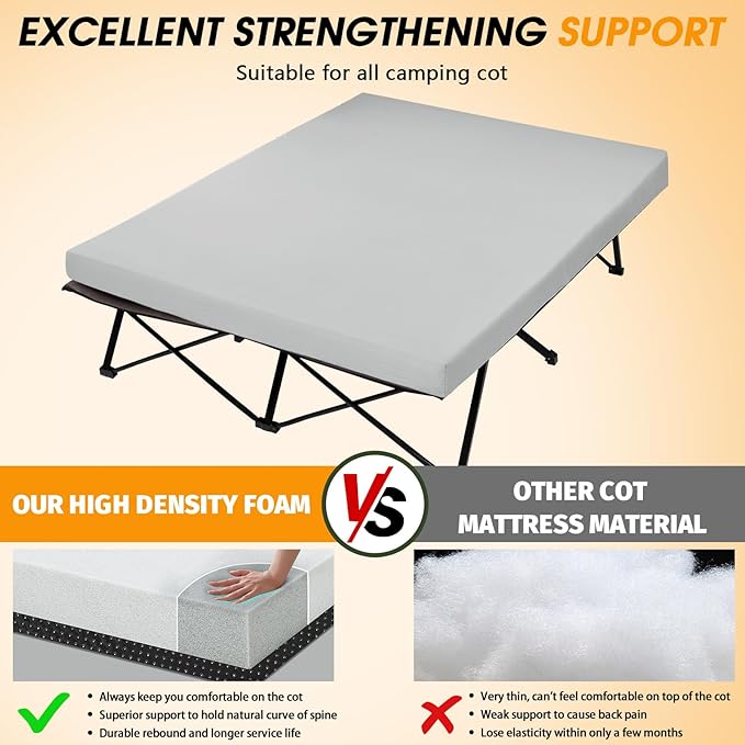 CYMULA Camping Cot Mattress 2in Memory Foam Sleeping Pad,Soft Warm Non-Slip Camping Mattress Topper with Retaining for Adults,Portable Roll up Pad for Travel(75 x30)（only Mattress）