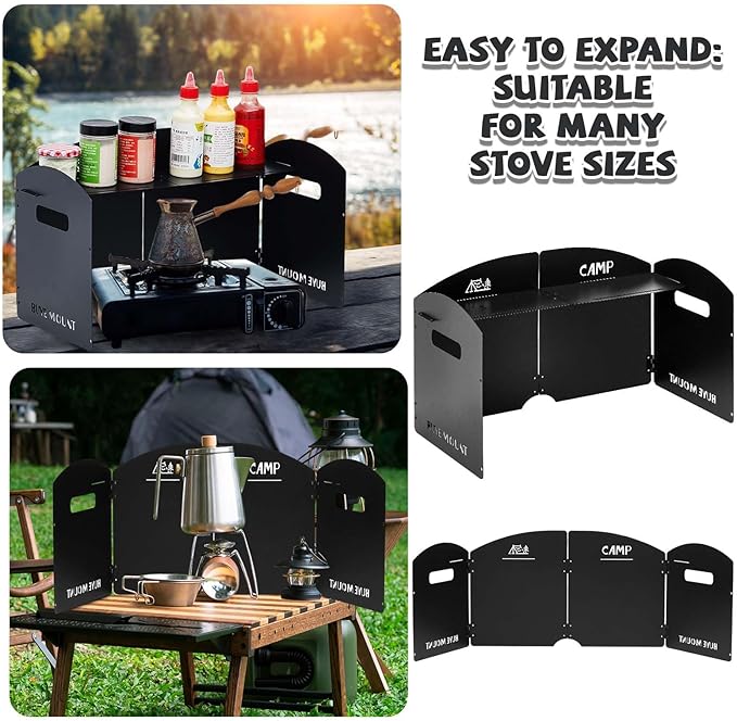 Heavy-Duty Carbon Steel Camp Stove Windscreen with Top Shelf, 4 Panel Folding Wind Shield for Gas Stove, Portable Wind Blocker for Outdoor Camping Cooking