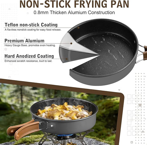 18Pcs Camping Cookware Mess Kit, Joyfair 7.8” Nonstick Camp Cooking Utensil Set (Pot, Pan, Kettle, Grill Grate), Outdoor Backpacking Gear Open Fire Essentials Accessories, Compact/Portable/Lightweight