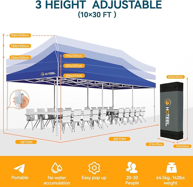Hoteel 10x30 Pop Up Canopy Tent Heavy Duty with 8 Sidewalls, Waterproof Party Tent, Easy Set-up Commercial Instant Tents with Hand Bag, Rope & Nail, Hexagonal Leg (1-Year Warranty)