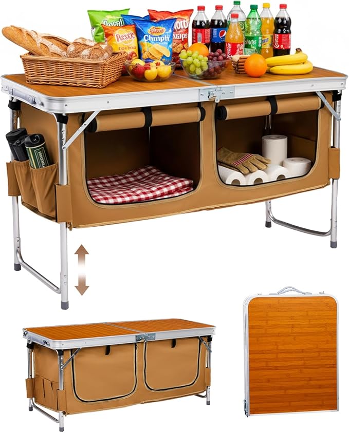 Outvita Folding Table, 4FT Aluminum Camping Table with Large Storage Space and Adjustable Height Picnic Table Lightweight for Carring Outdoor Party Events Beach