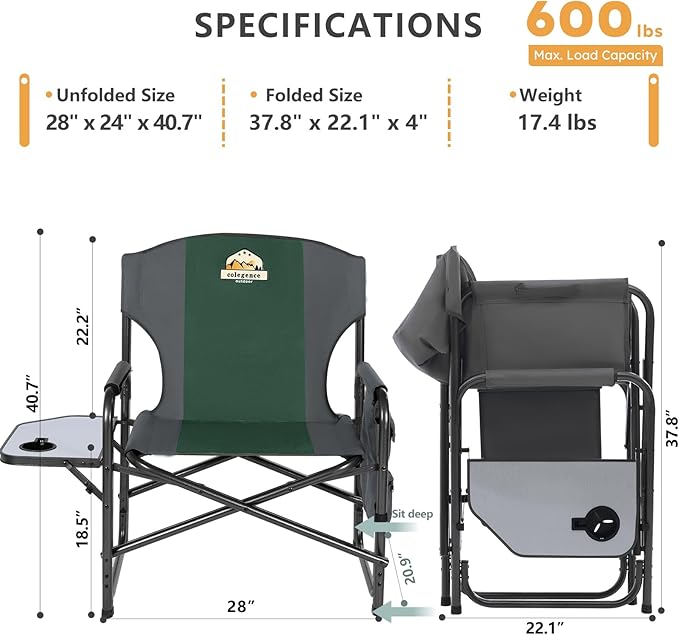 Oversized Directors Camping Chair Support 600 LBS, Heavy Duty Folding Outdoor Chairs with Detachable Side Pocket and Adjustable Side Table for Outside Beach,Lawn,Fishing (Green)