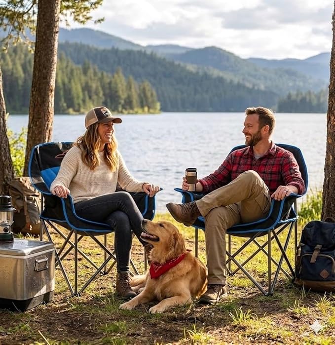 FAIR WIND 2 Pack Oversized Padded Camping Chair Heavy Duty Quad Fold Arm Chair Portable for Outdoor - Support 450LBS, Blue
