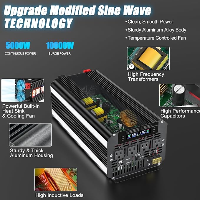 LVYUAN 5000 Watt Power Inverter 12V to 110V 120V for Vehicle, Solar Inverter System, Heavy Duty, RV, Truck, Off Grid,Camping with 4 AC Outlets, LCD Display, Wireless Remote Control, Car Power Inverter