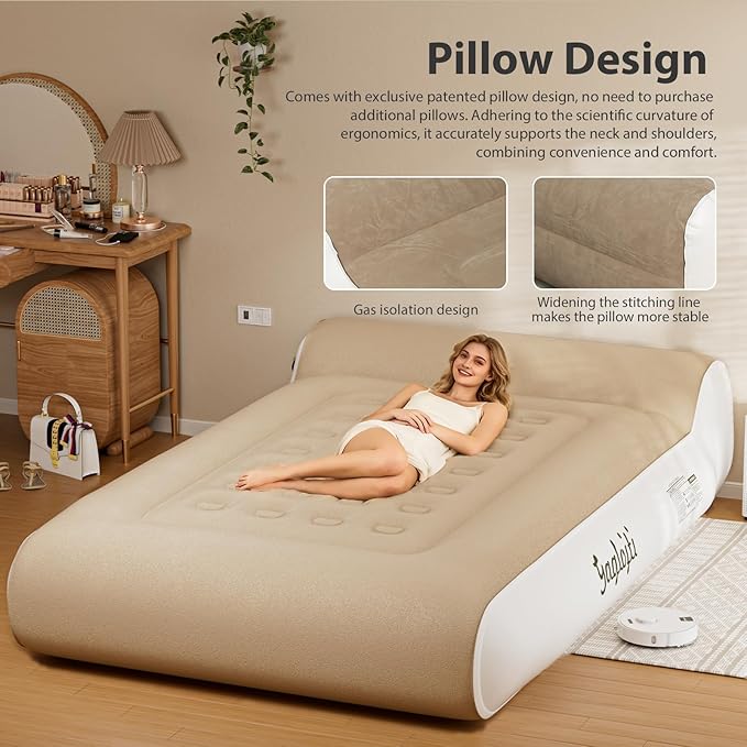 16" Queen Air Mattress Full with Built in Pump for Camping,Portable Blow up Mattress with Carry Bag,High-Speed Pump,Luxury Inflatable Mattress Comfort Flocked Airbed for Guest,Home(Khaki)
