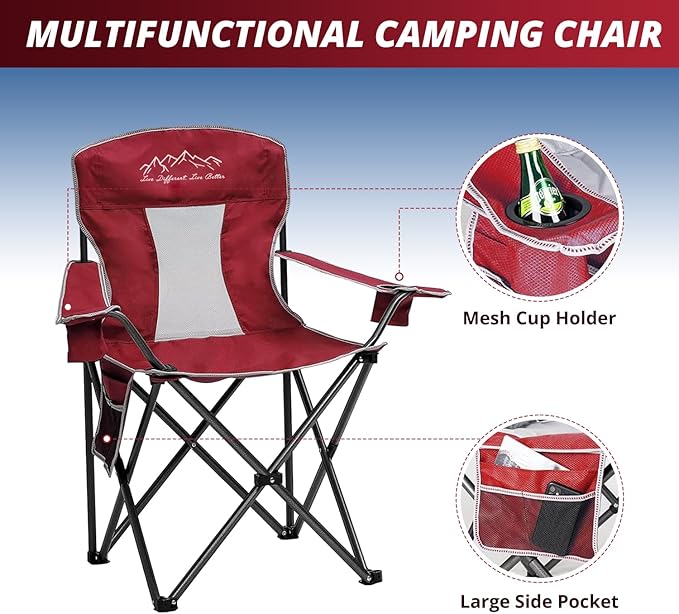 2PCS SAILARY Mesh Folding Camping Chairs, Oversized Portable Outdoor Chairs, Weight Capacity 325 lbs with Cup Holder, Storage Pocket, Carry Bag Red