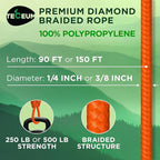 TECEUM Rope – 90 Feet x 3/8 Inch (10mm) – Orange – Strong All-Purpose Utility Rope – Camping, Crafting, Flag Pole, Indoor & Outdoor – Polypropylene Nylon Poly Lightweight Diamond Braided Cord