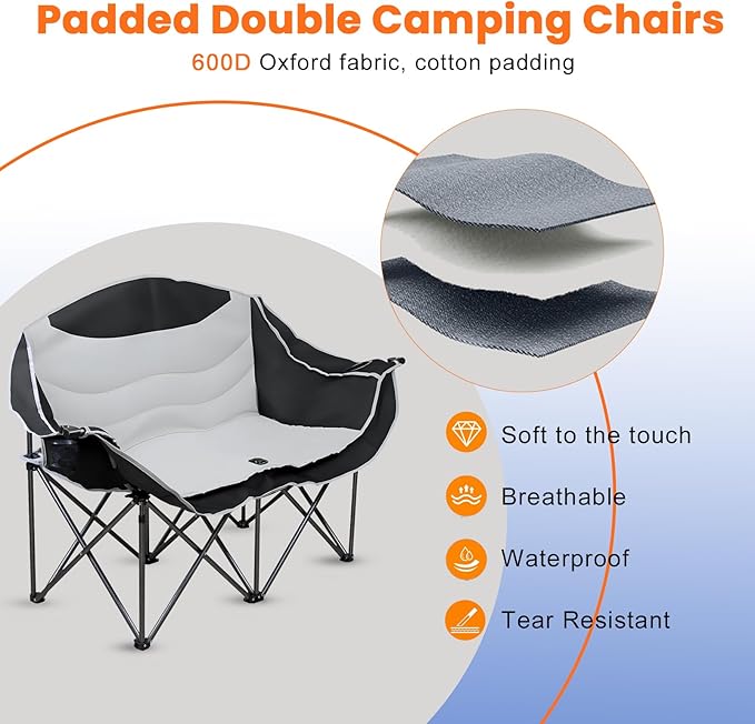 Double Camping Chair Loveseat with Cup Holders, 2 Person Folding Outdoor Chair, 550lbs Heavy Duty, 600D Oxford Fabric Padded Seat, Portable Camping Couch for Camping and Sports Event