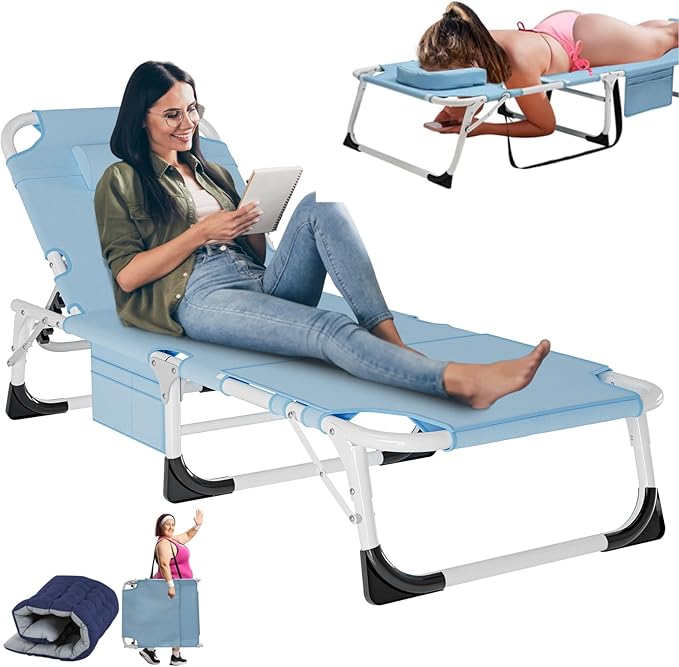 LILYPELLE Folding Chaise Lounge Chair with Mattress, 5 Position Beach Chair with Face Hole, Patio Chaise Lounge Chairs for Outside, Sunbathing, Camping, Pool, Beach, Poolside
