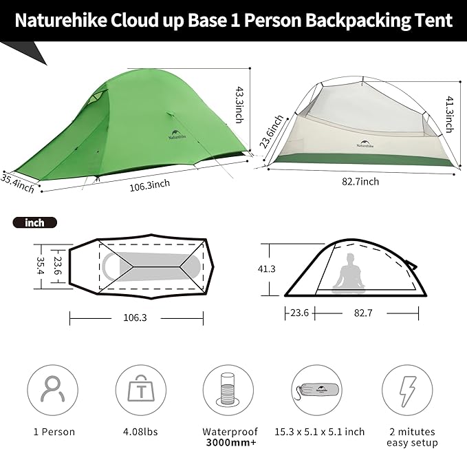 Naturehike Cloud-Up 1 Person Tent, Lightweight Backpacking Tents for One Man, Waterproof Ultralight One Person Tent for Camping Hiking Backpacking