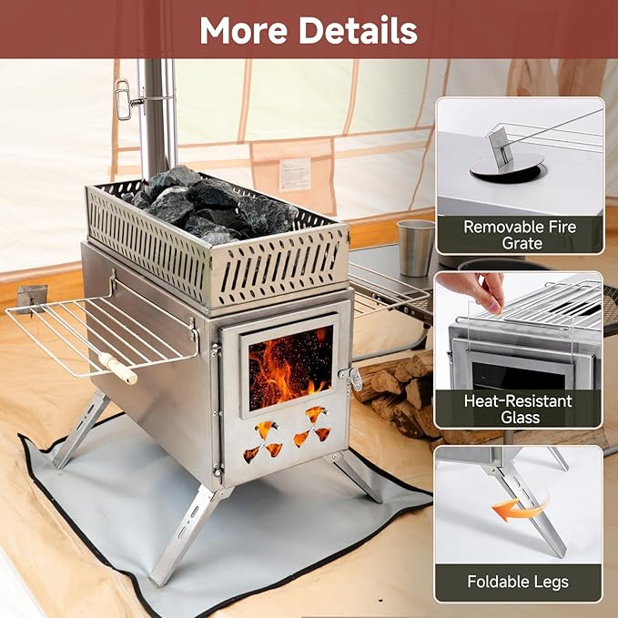 H&ZT Sauna Hot Tent Stove, Portable Wood Burning Stove with Stone Box & 9 Chimney Pipes, Outdoor Rocket Stove Heater for Dry Sauna, Cooking & Winter Heating