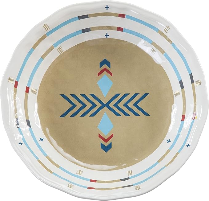 Paseo Road Spirit Valley 14 Piece Melamine Plastic Dinnerware Set with Plates, Bowls and Serving Platter, Southwestern Rustic Cabin Lodge Aztec Style