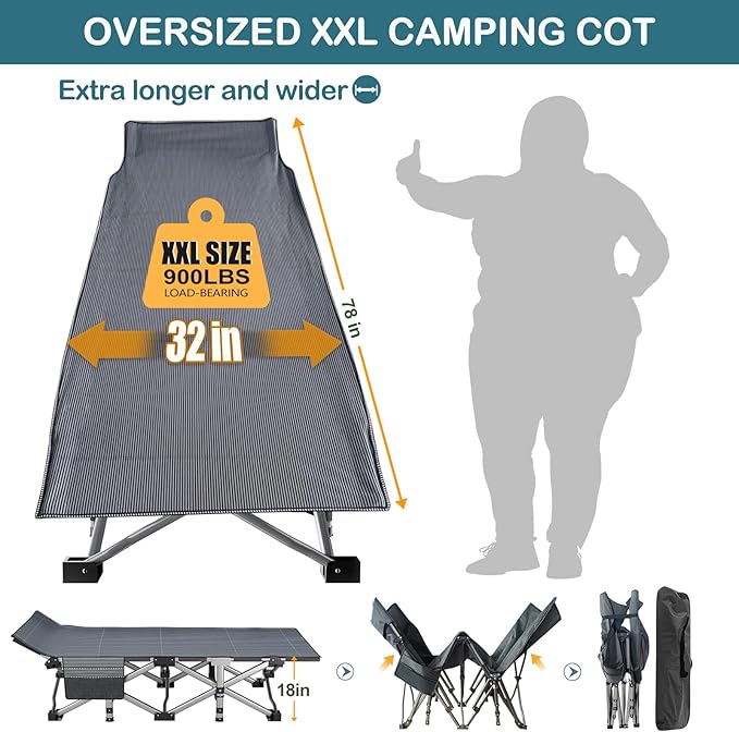 NAIZEA Oversized XXL Folding Camping Cot for Adults, Heavy Duty Outdoor Bed with Carry Bag, Portable Sleeping Bed for Outdoor Travel Camp Beach Vacation