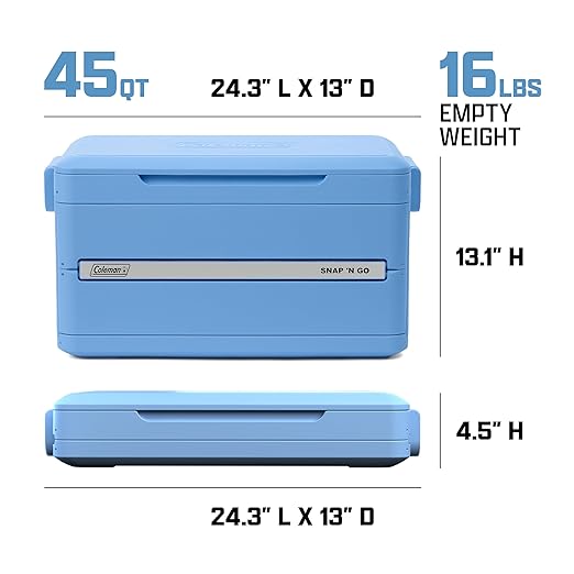 Coleman Snap N Go 45qt Collapsible Hard Cooler, Keeps ice Cold for up to 55 Hours, Holds up to 76 cans, Collapses up to 1/3 its Size, Can Hold up to 200 pounds, Blue Sky