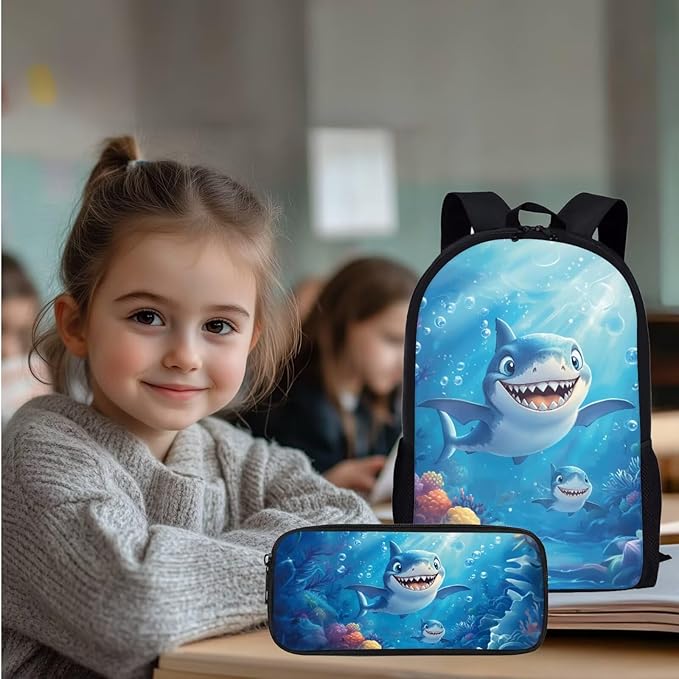 Animal Shark School Backpack Set with Lunch Box 3 Pcs School Backpack for Boys Kindergarten Middle Pencil Case Kids Travel Backpacks Mochilas Escolares Para Niños with Wrist Strap Keychain
