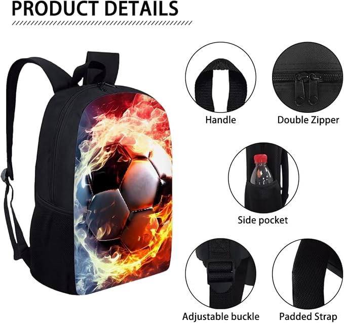 3PCS Football Fire Print Kids School Bag Set, Waterproof Daypack Knapsack Insulated Lunch Tote Bag Pen Case Organizer for Hiking