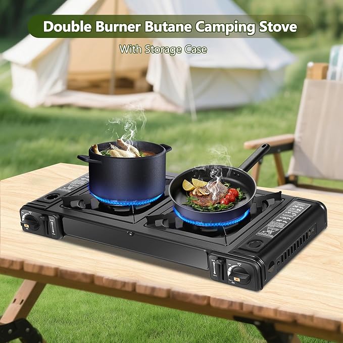 Double Burner Butane Stove, Butane Camping Stove Kit with Carrying Case, Portable Auto Ignition Camping Burner for RV, Apartments, Outdoor