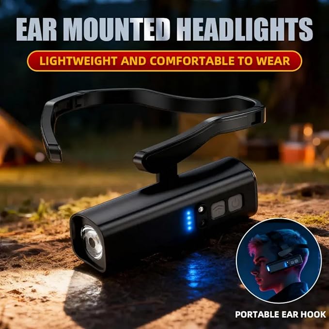 Lightweight LED Rechargeable Ear Worn Headlamp with Motion-Sensor, Ear-Hook High Bright Hands-Free Headlight, Outdoor Adjustable Clip-on Hat Light for Running, Camping, Fishing (2 Pack)