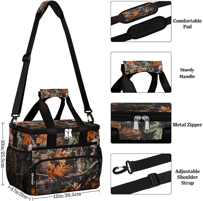 Leakproof Reusable Insulated Cooler Lunch Bag Tree Leaves Camouflage Camo Picnic Lunch Box for Women Men Cooler Tote Office Work Camping Beach 24 Can 15L