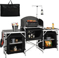 Cmaping KitchenTable, Aluminum Folding Camping Cook Station with Windshield, Upgrade Light Stand, Storage Bag, Quick Installation for Outdoor, Picnic, Cooking