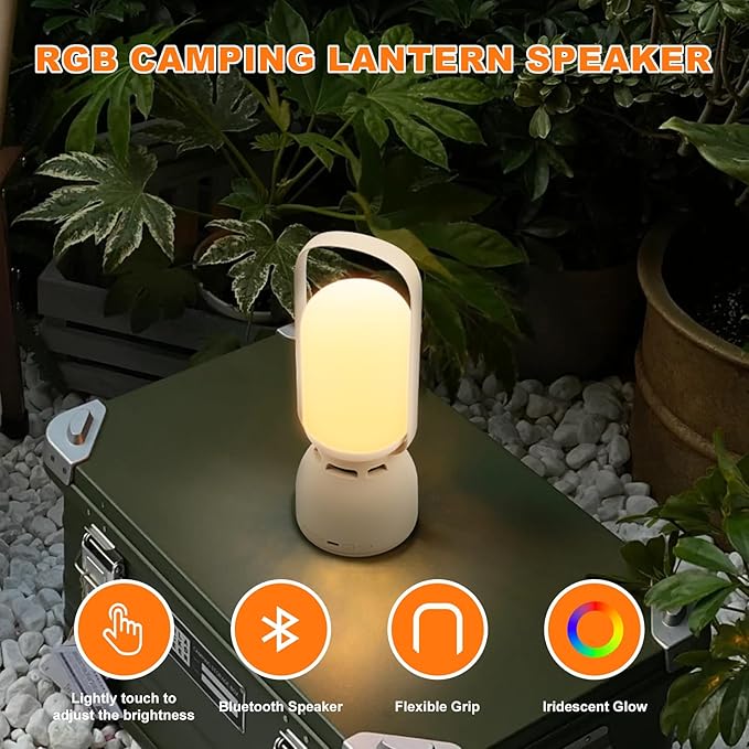 Camping Lantern with Speaker, Portable Rechargeable Outdoor Lantern, 11 Mode RGB Color Dimmable LED Night Light for Camping, Home, Party and Hiking