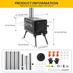 Black Wood Burning Tent Stove, 7 Section Stainless Steel Chimney, Portable Hot Tent Stove for Camping, Hunting, Ice Fishing