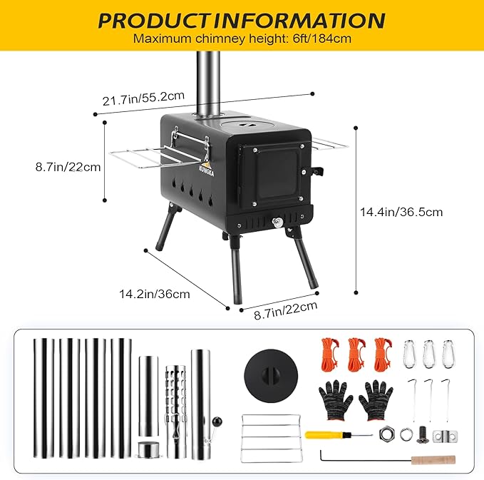 Black Wood Burning Tent Stove, 7 Section Stainless Steel Chimney, Portable Hot Tent Stove for Camping, Hunting, Ice Fishing
