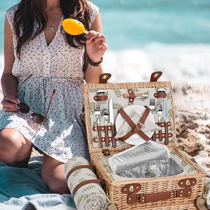 Picnic Basket with Blanket and Wine Pouch for 2, Wicker Picnic Set with Insulated Liner Cooler Bag Hamper for Camping,Wedding - Leaf