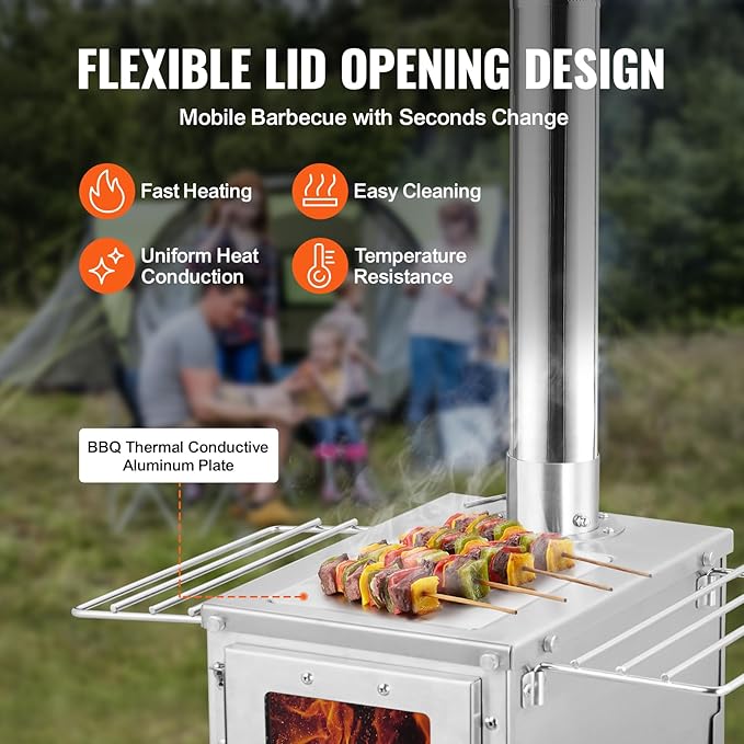 VEVOR Camping Wood Stove Stainless Steel Camping Tent Stove, Portable Wood Burning Stove with Chimney Pipes & Gloves, 640in³Firebox Hot Tent Stove for Outdoor Cooking and Heating with 8 Pipes