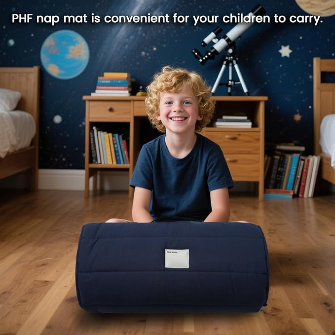 PHF Toddler Nap Mat with Removable Pillow and Minky Fleece Blanket, Rollup Design Warm Slumber Bags for Boys Girls, 52"x20"x2" Kids Sleeping Bag for Daycare Preschool Travel Camping, Astronaut