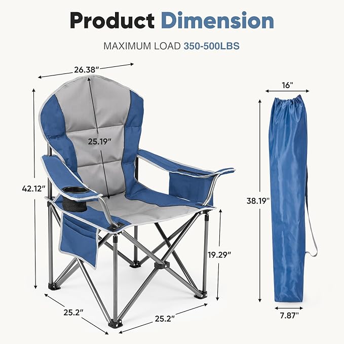 DUMOS Folding Camping Chairs, Outdoor Collapsible Padded Chairs with Cup Holder & Cooler Bag, Heavy Duty Portable Camping Chair for Garden Beach Fishing Sports, Blue