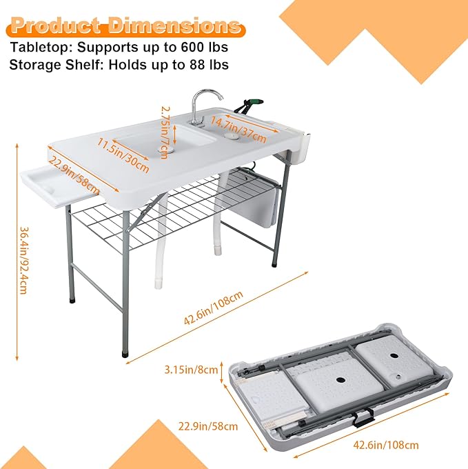Fish Cleaning Table with 2 Sinks & Grid Rack - 42.5” Outdoor Fish Fillet Cleaning Station for Camping, Patio, Kitchen, RV & Beach
