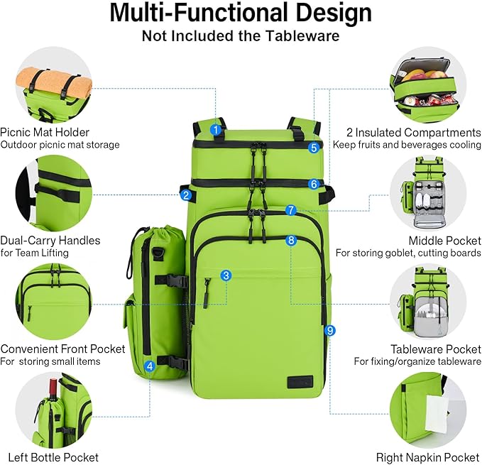 Hanke Backpack Cooler, 40 Cans Soft Leak Proof Picnic Backpack, Portable 2 Insulated Compartments Cooler Backpack Water Resistant for Lunch Beach Travel Camping Picnic Hiking,Green