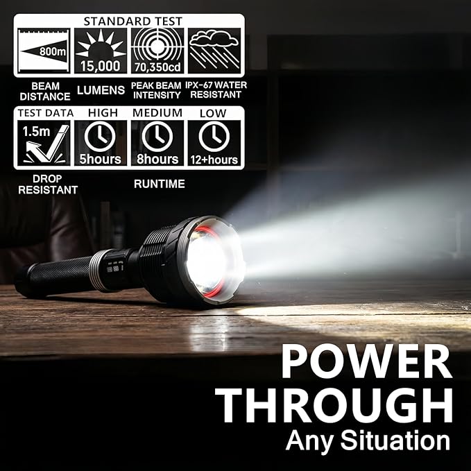 Rechargeable Flashlight 15,000 High Lumens, 120W XHP360 LED Super Bright Tactical Zoomable Flashlights with USB Output, Large Capacity Powered Waterproof Flash Light for Emergencies, Camping, Hunting