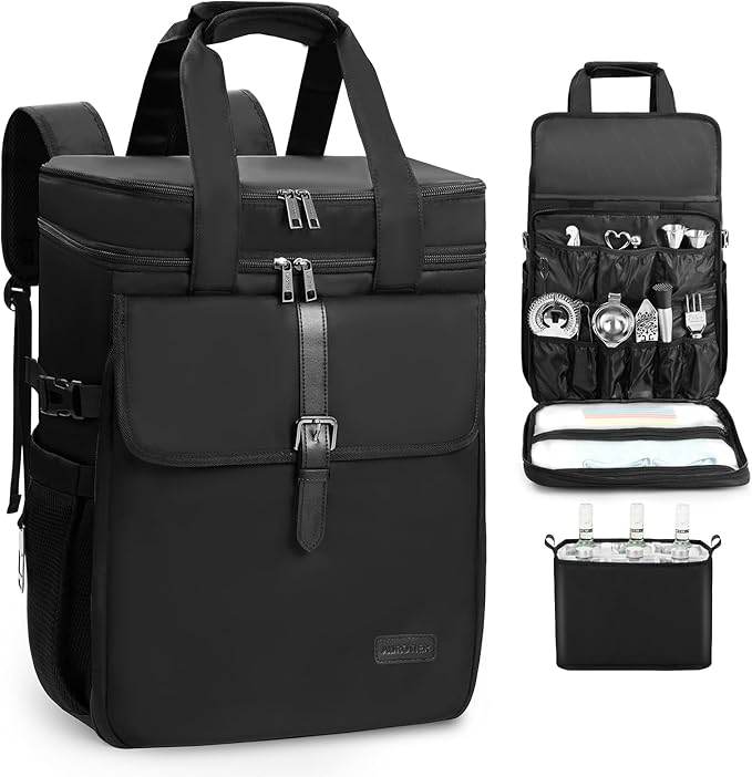 Bartender Bag, Leakproof Travel Bartender Kit Backpack for Carrying Bar Kit, Portable Bar Bag for Cocktail Shaker and 6 Wine Bottle, Professional Mixology Gift for Travel Home Party (Backpack Only)