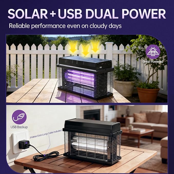 Solar Bug Zapper Outdoor, 4000 SQ.FT Mosquito Zapper with Smart Rain Off Rechargeable Mosquito Killer Lamp, Wireless Solar Powered Fly Trap for Yard Patio RV Camping
