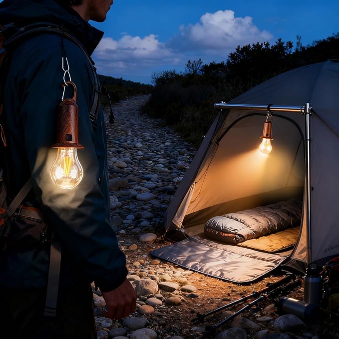 Solar Camping Lights USB Rechargeable Tent Hanging Light Bulb,Portable Outdoor Vintage LED Camping Light,Pendant Emergency Lighting Lantern for Hiking,Backpacking,Fishing,Emergency Outage(Conical)