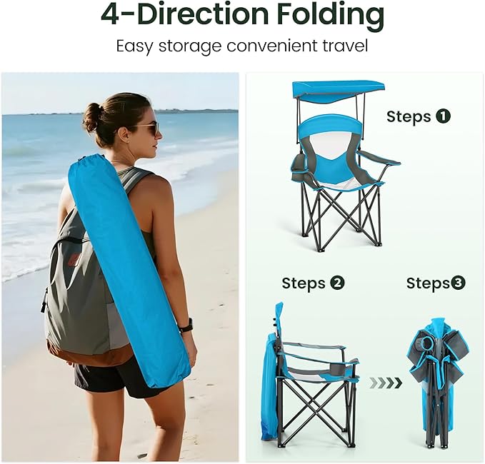 HIGH POINT SPORTS Heavy Duty Canopy Lounge Chair Sunshade Hiking Travel Chair, Foldable Canopy Shade Chair for Outdoor, Camping, Patio, Support 350 LBS, 2 Pack, Enamel Blue