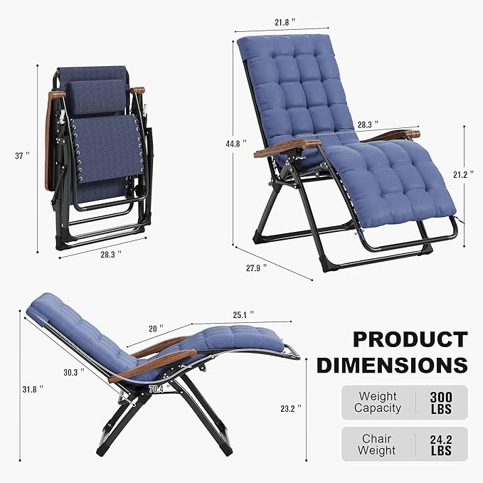 PURPLE LEAF Oversized Outdoor Reclining Chair Patio Zero Gravity Chaise Lounge Folding Chair with Removable Cushion Adjustable Headrest for Lawn Camping Beach Pool Navy Blue