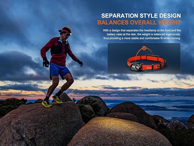 Fenix HP12R-T 1300 Lumen Rechargeable Running Headlamp – Split Battery Design, White/Neutral White/Red Light Modes with Lumentac Organizer (Red)