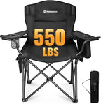 FUNDANGO Oversized Camping Chair for Adults, Heavy Duty Portable Foldable Lawn Chair with Padded Seat & Back, Lumbar Support, 4-can Cooler & Cup Holder, Carry Bag Included for Outdoor