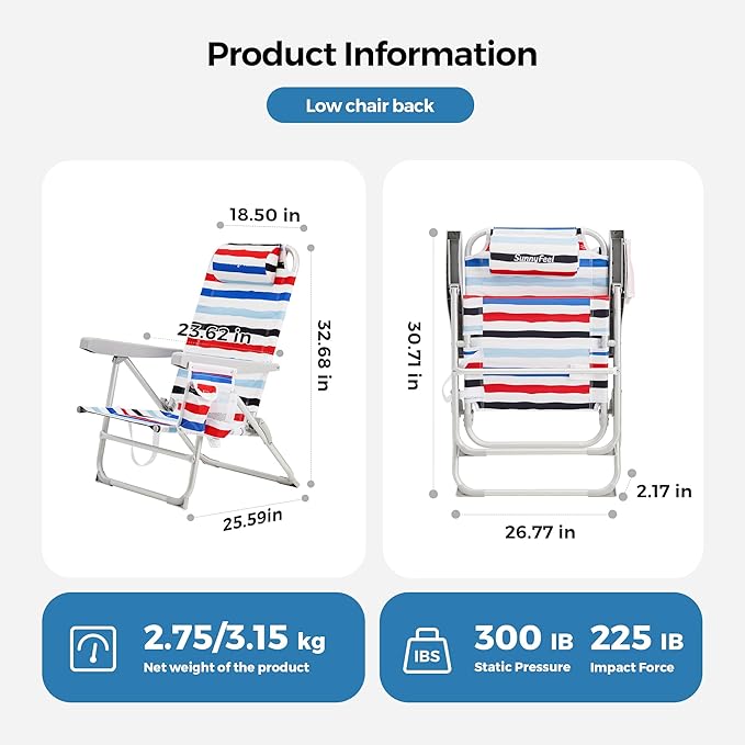 SUNNYFEEL Portable Beach Chair, Folding Low Back Beach Chair, Lightweight Camp Chair with Reclining Position, Backpack Lounger for Beach, Camping, Lawn, Outdoor, Red Blue White Striped