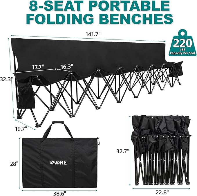 1MORE Soccer Bench - Portable Folding Team Bench, 8 Seats Foldable Sideline Benches, Soccer Chair with Bag & Backrest, Adult Team Chair for Football Camp Sport Events Outdoor Seating.Black -2PACK