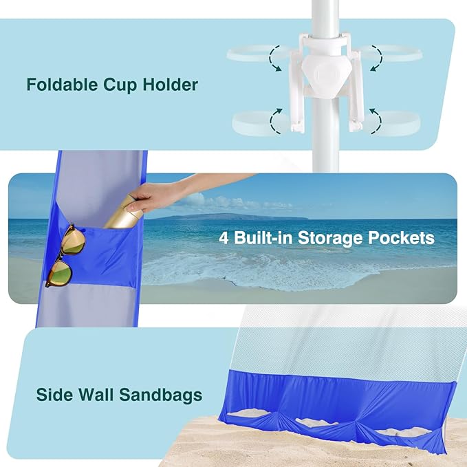 Rhino Valley Beach Cabana, 8*8FT Beach Tent UPF50+ Protection, Easy Setup Beach Canopy Wind Resistant with Cup Holder,Compact Beach Shade Foldable Beach Tent Sun Shelter for Whole Family Friend,Indigo