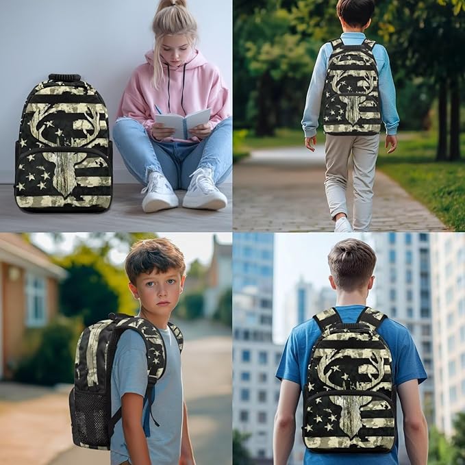 Camo Deer Backpack and Lunch Green Bookbag Lightweight Portable Kids Bookbag with Lunch Box Boys 4 Pcs School Bag for Boys 10-12 Hiking Travel Daypack Outdoor Back to School Gifts