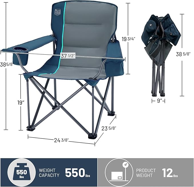 Timber Ridge Oversized Folding Camping Chair for Adults, Support 550 LBS Heavy Duty Chairs with Cup Holder Side Pocket for Camping, Lawn, Picnic, 2 Pack(Navy)