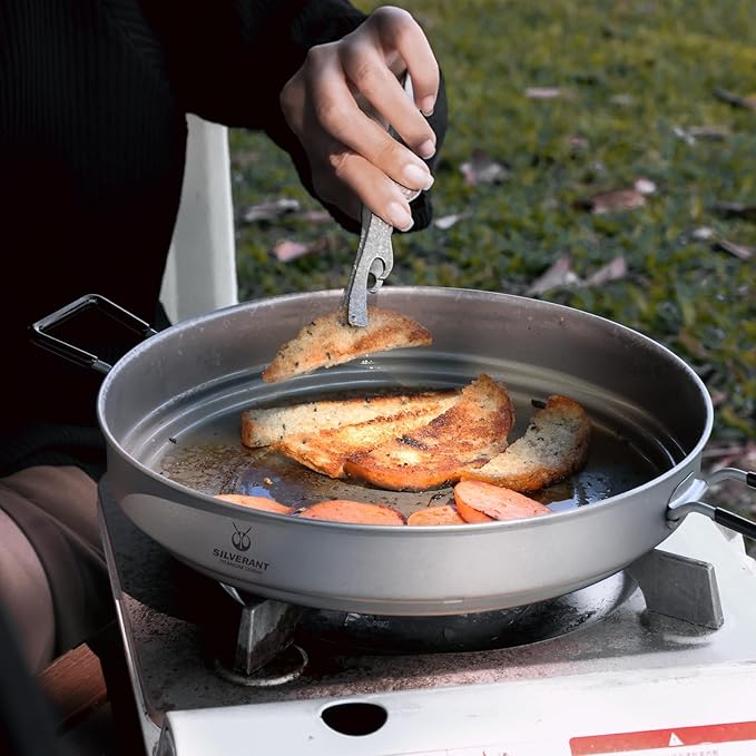 SILVERANT Camping Plate Titanium Pan Dish Plate with Handle & Mesh Bag, Large Reuseable Ultralight Dinner Plate for Camping Outdoors Backpacking (1500ML)