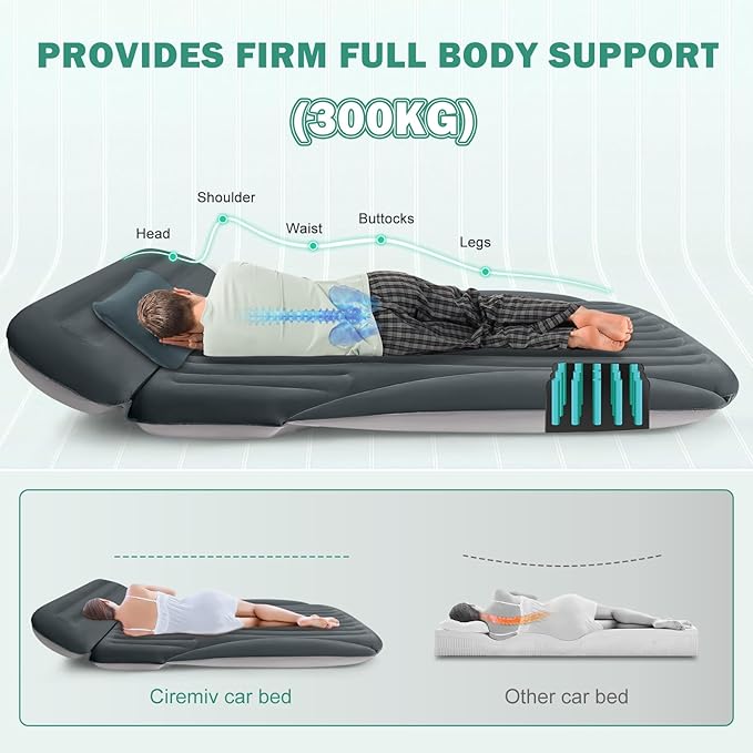 SUV Air Mattress, Double-Sided Thick Flocked Car Air Mattress with Built-in Pump & Pillow, Complete Sleeping Accessories for Auto Camping & Road Trips（Green+Charcoal）